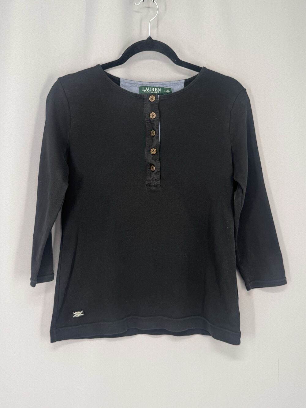 Lauren Jeans Henley Shirt Womens Large Black Button Neck Casual Classic Preppy
